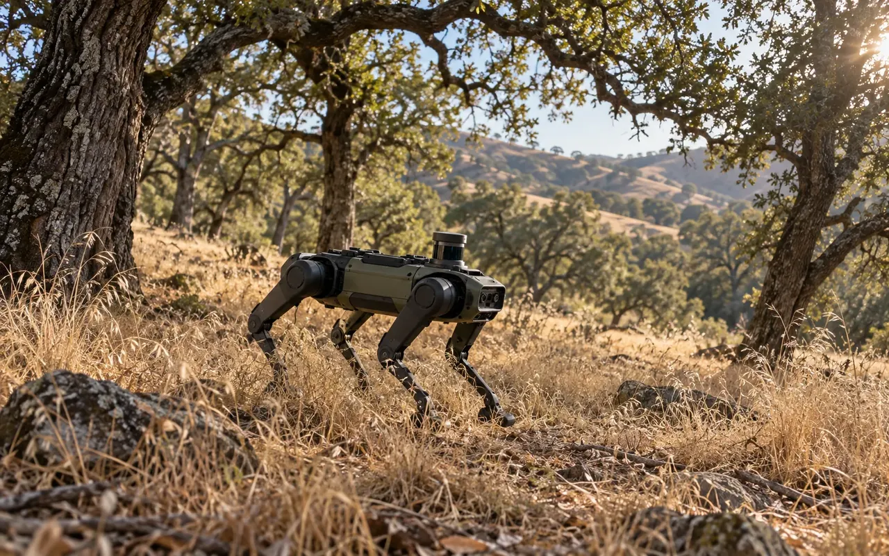 Four-legged survey robot walking through dry grass beneath oak trees