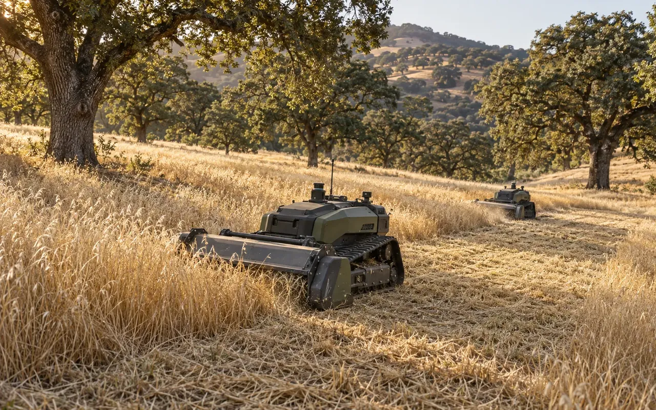 Two tracked robotic mowers clearing dry invasive grass on an oak-dotted hillside